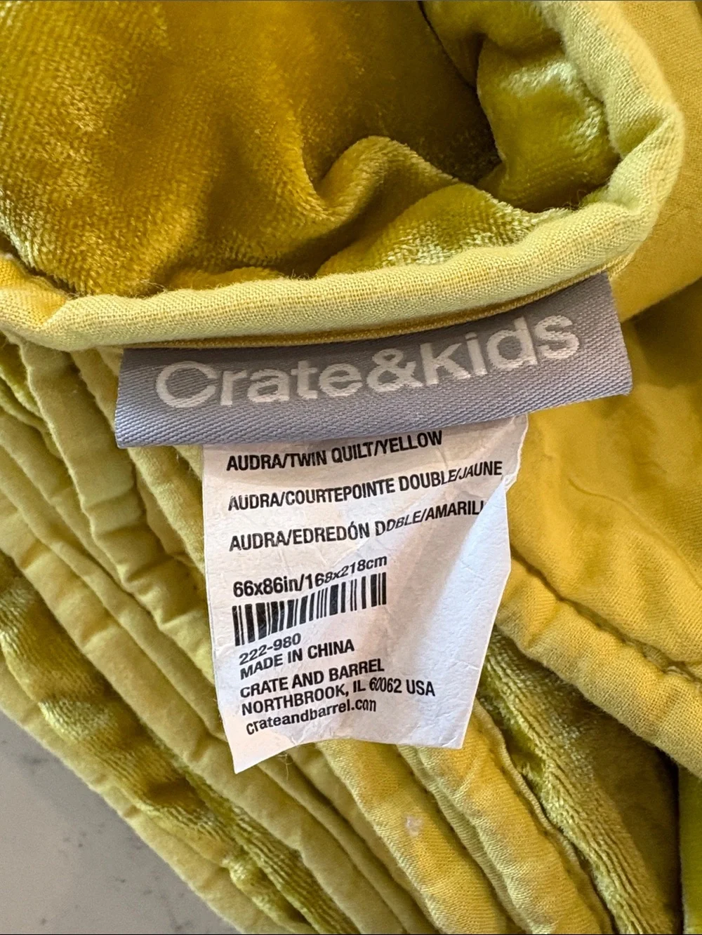 Crate & Barrel Audra Crushed Velvet Twin Comforter Yellow